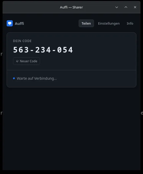 Der Auffi-Sharer zeigt den 9-stelligen Code und wartet auf eine Verbindung