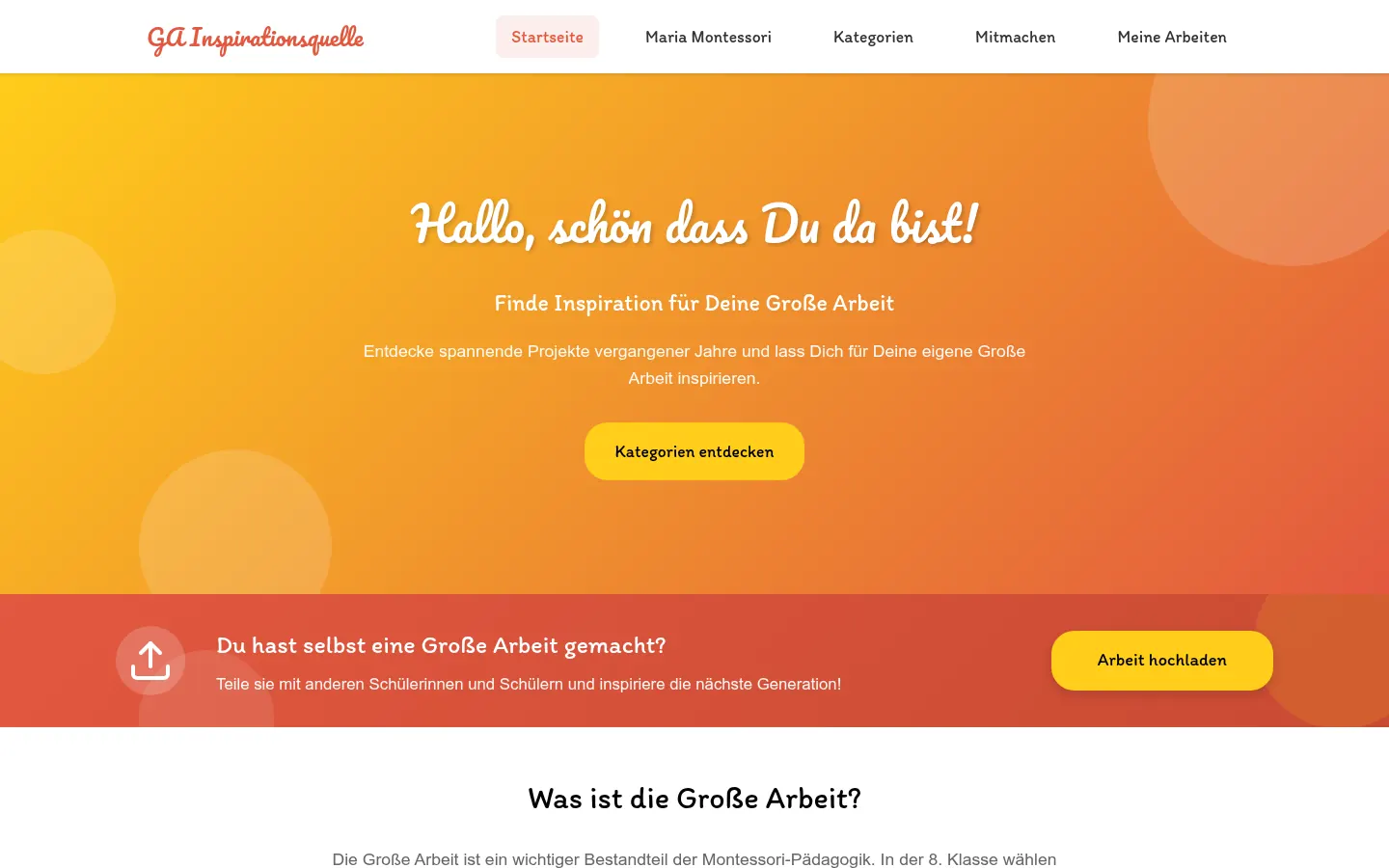 Startseite der GA Inspirationsquelle mit Begrüßung und Upload-Aufruf