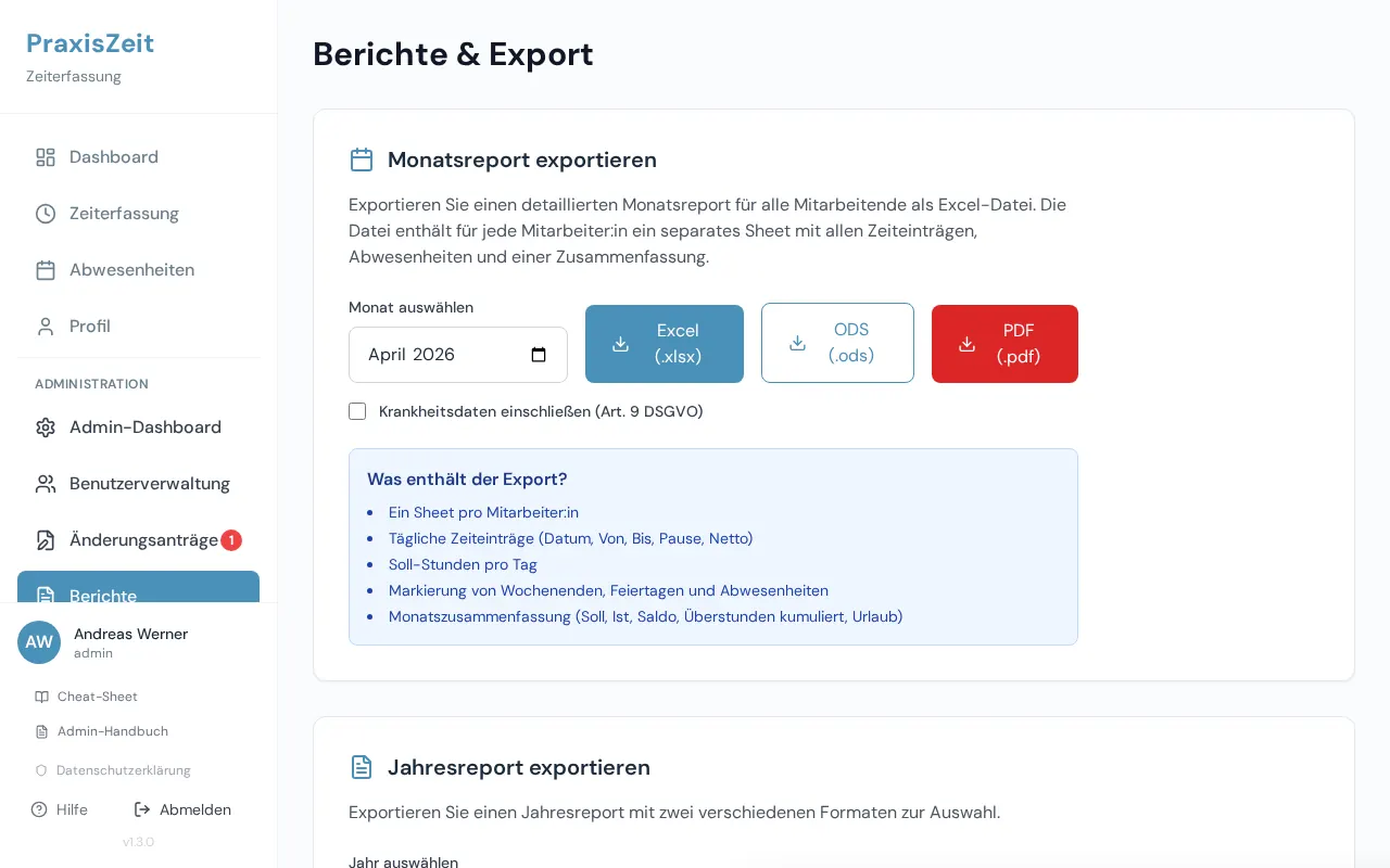 Berichte und Export für die Praxisleitung