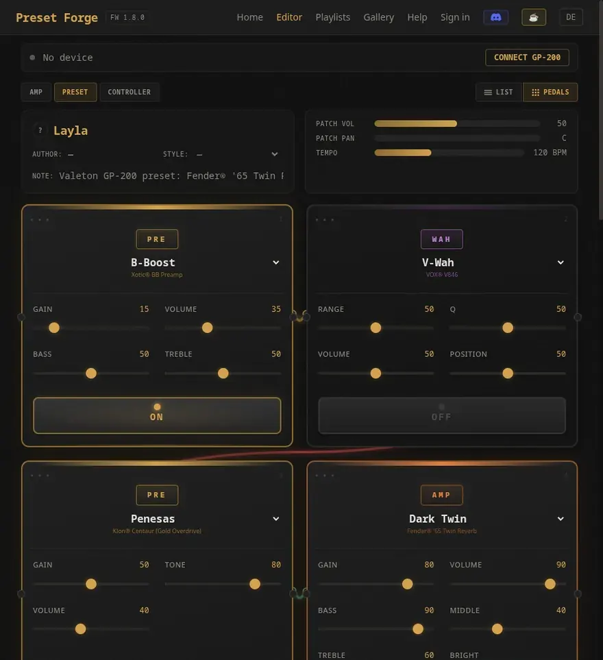Der Editor mit Signalkette, Effekt-Slots und Reglern