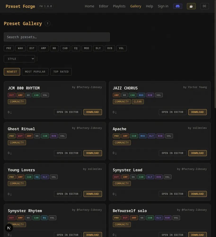 Community-Galerie mit geteilten Presets