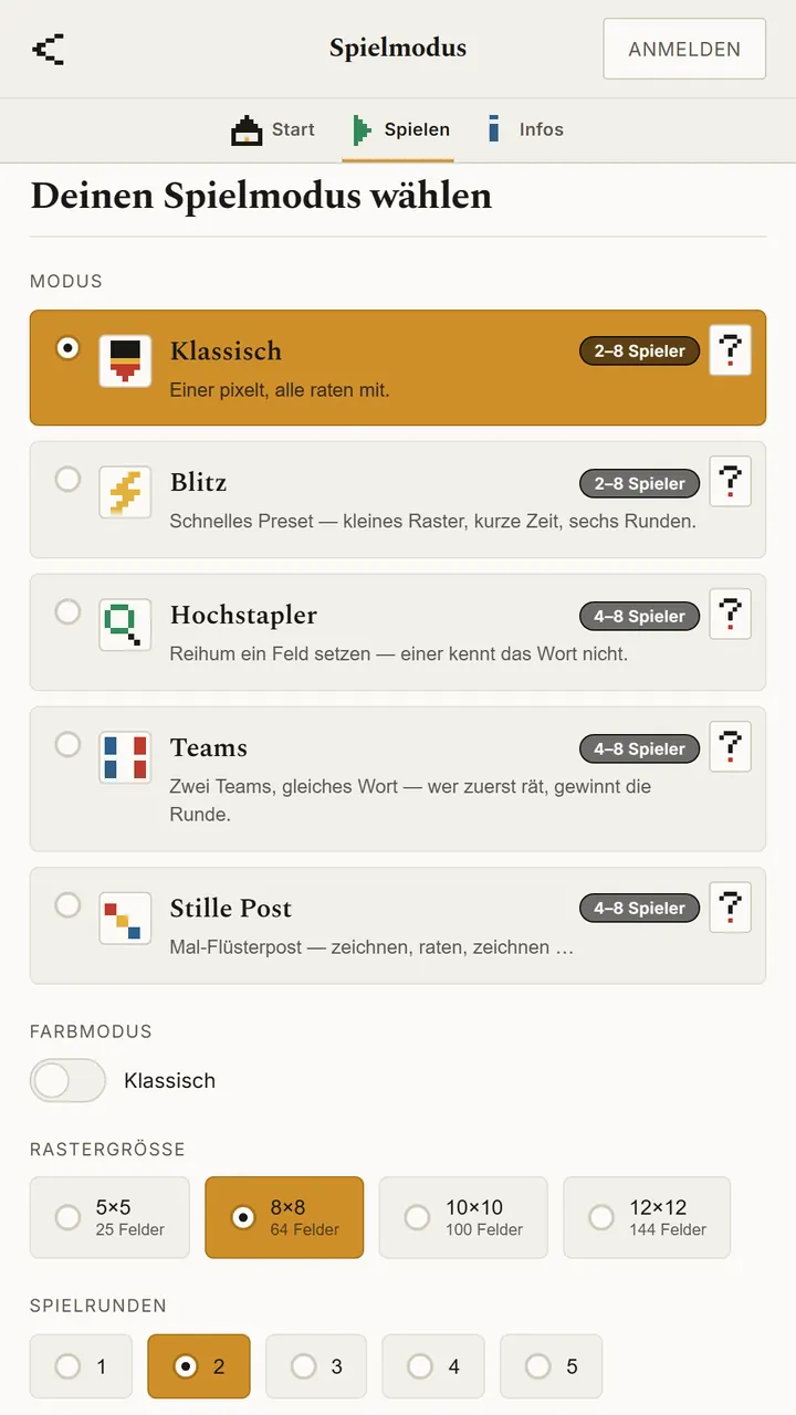 Spielmodus wählen: Klassisch, Blitz, Hochstapler, Teams, Stille Post
