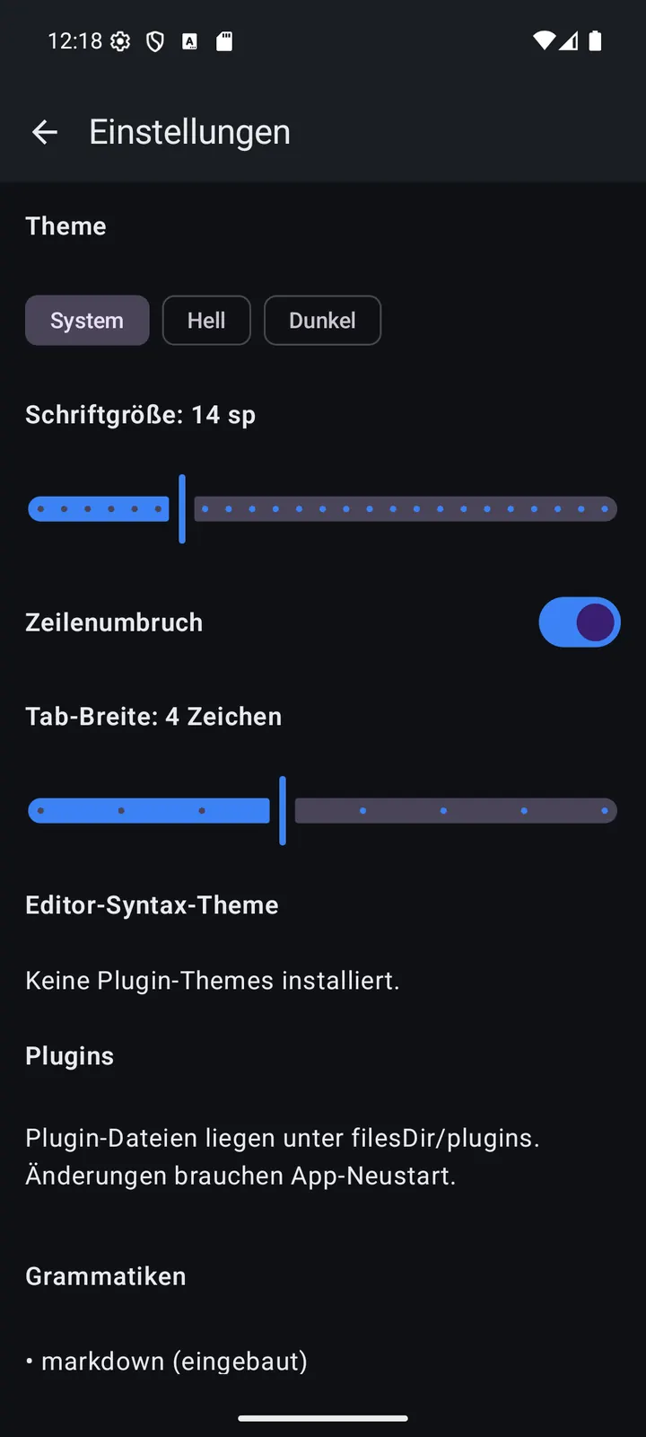 Einstellungen im dunklen Theme