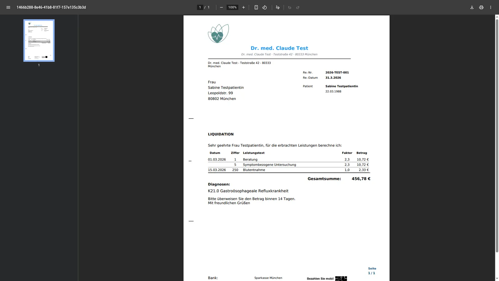 PDF-Vorschau einer Privatliquidation mit Musterdaten